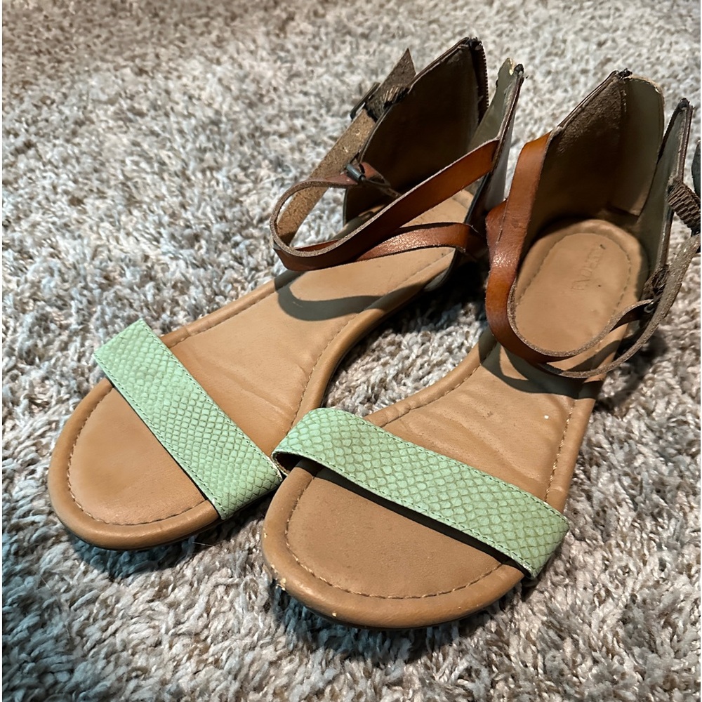 Turquoise and Brown Ankle Wrap Sandals Heel Zipper Closure Summer Shoes